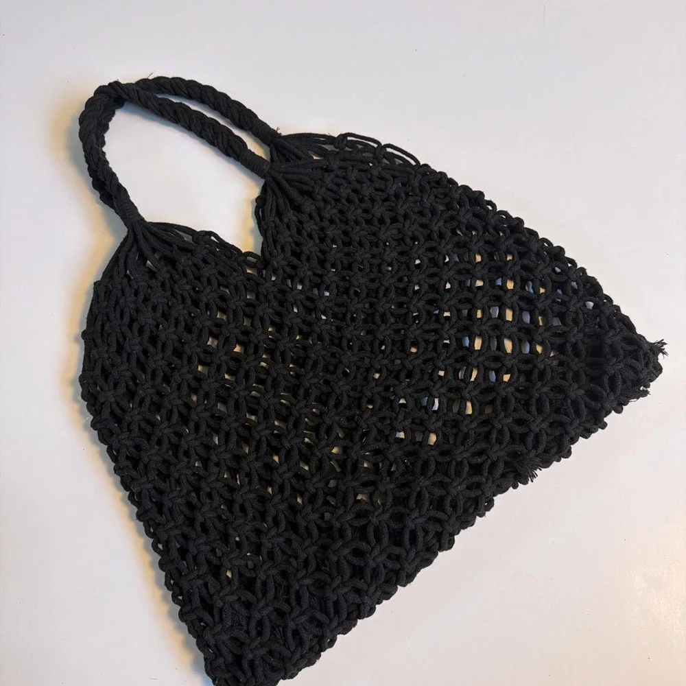 Black Crochet Whimsigoth Fairy Grunge Macrame Small Tote Bag Boho Beach Purse